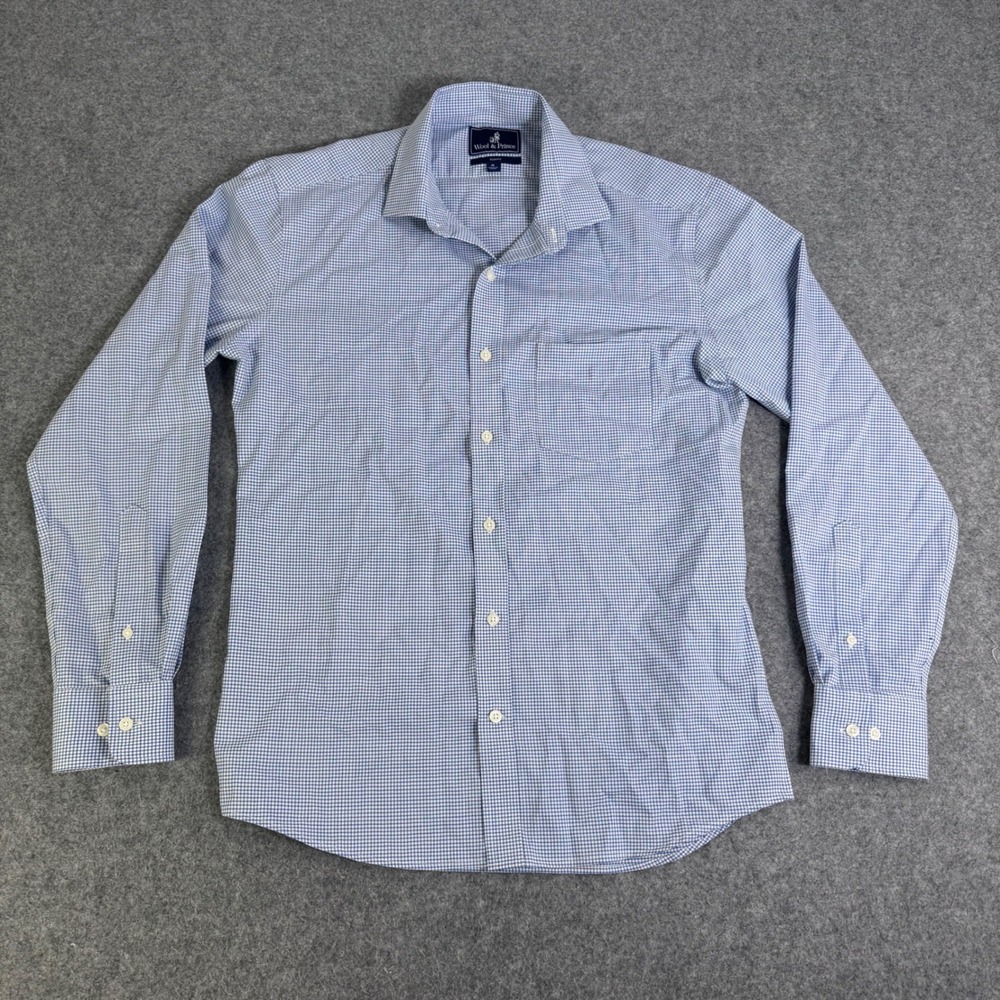 Wool & Prince Mens Blue White Gingham 100% Wool Slim Fit Button Down Shirt M